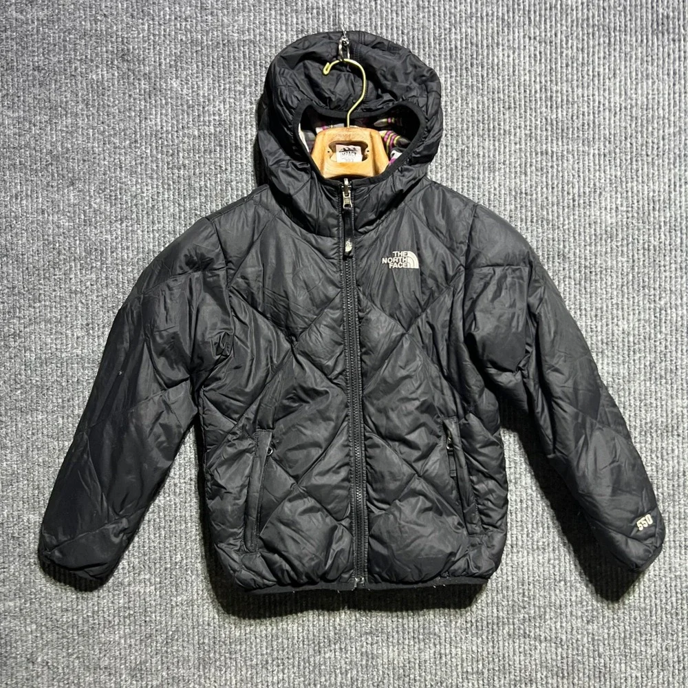 The North Face Reversible Puffer Jacket Girls S 7/8 Black Plaid 550 Down Hooded